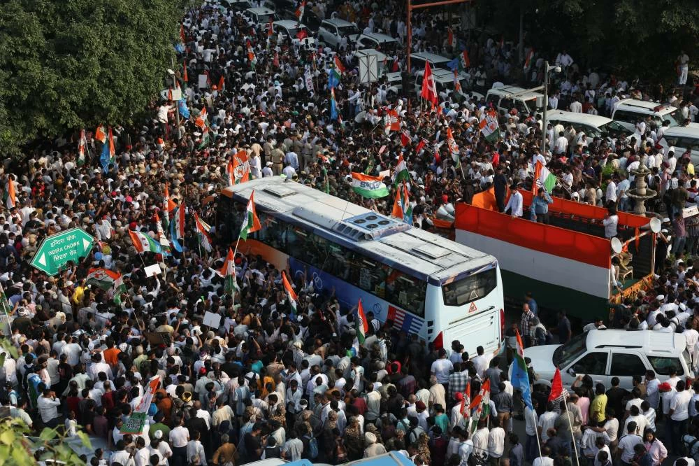 Opposition parties march to the Supreme Court in protest against a controversial revision of voter lists that has sparked days of unrest, in New Delhi, India, October 12, 2026. (Reuters)