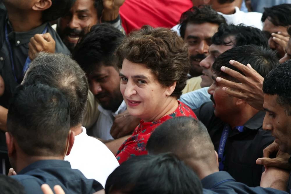 Priyanka Gandhi, member of the Lok Sabha and Indian National Congress, join in a protest march to the Supreme Court to protest a controversial revision of voter lists that has sparked days of unrest, in New Delhi, India, October 12, 2026. REUTERS/Bhawika Chhabra
