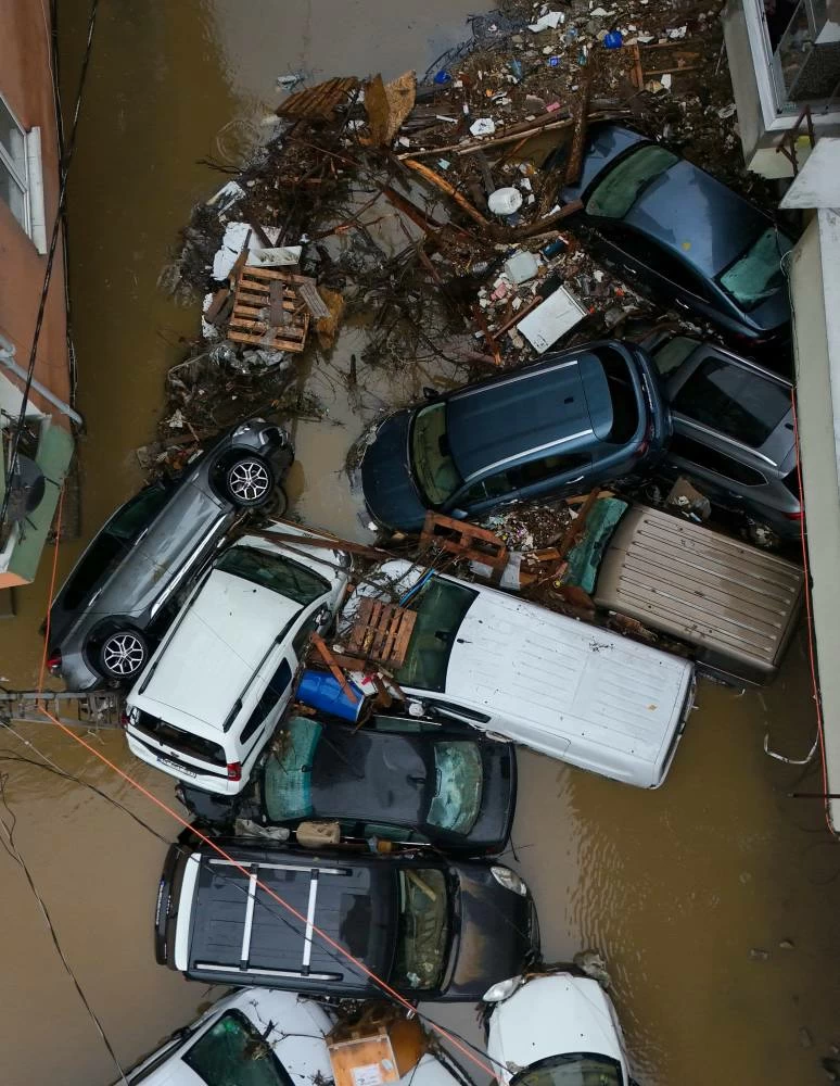 A drone view shows damaged cars on a street after heavy rains in Istanbul, Turkey, October 15, 2026. (Reuters)