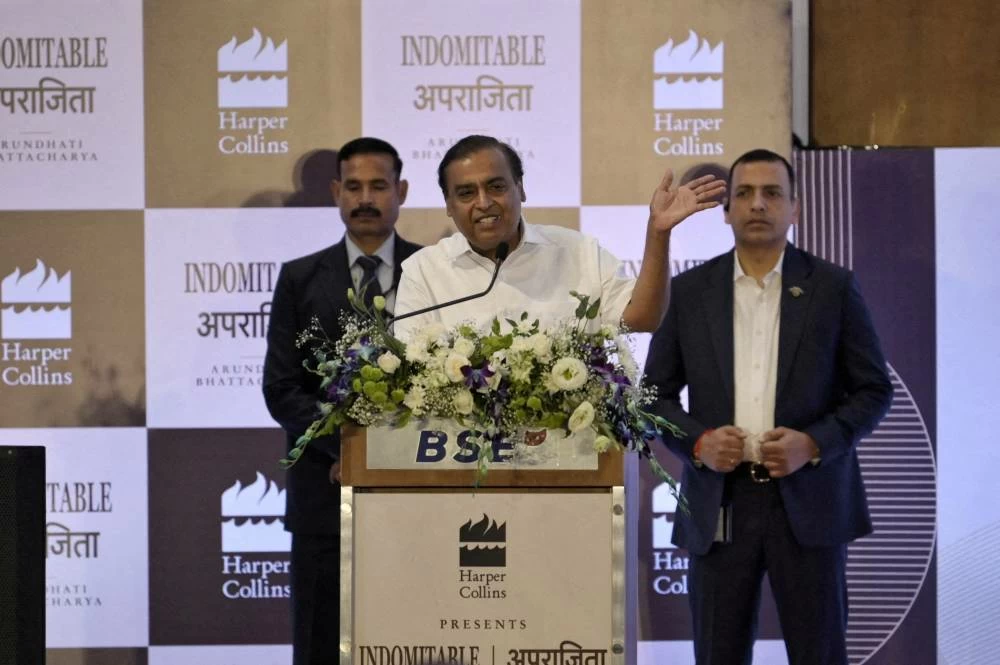 FILE PHOTO: Mukesh Ambani, Chairman of Reliance Industries, speaks during a book launch event at Bombay Stock Exchange in Mumbai, India, September 10, 2026. (Reuters)
