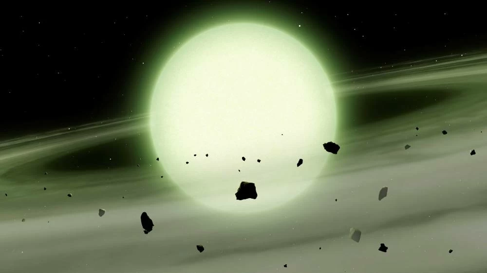 An artist's impression of the cool white dwarf star WDJ1330 6435, which has accreted sodium-rich rocky material from its planetary system into its atmosphere, and the star's immense atmospheric density causes the sodium to absorb light over broad range of yellow, orange and red wavelengths, giving it a ghostly green appearance, in a handout image released on October 14, 2026. (Mark A. Garlick/University of Warwick/Handout via Reuters)