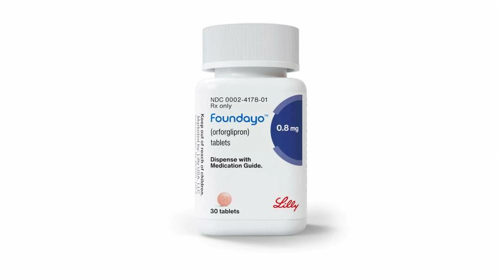 A bottle of Eli Lilly’s Foundayo weight-loss pills in this undated illustration. (Reuters)