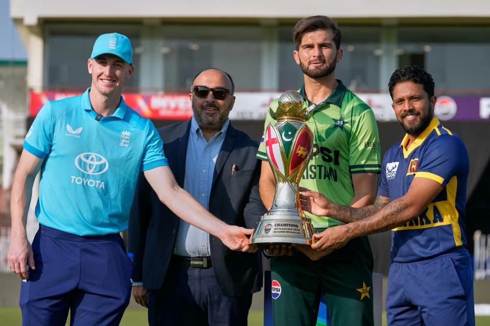 England's captain Harry Brook, left, Pakistan's captain Shaheen Shah Afridi, second right, Sri Lanka's captain Kusal Mendis, right, and a representative of main sponsor pose for photograph with Tri-Nation one-day international series, in Rawalpindi, Pakistan, Saturday, Oct. 17, 2026. (AP)