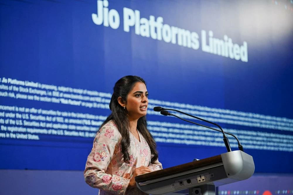 Isha Ambani, non-executive director of Jio Platforms Ltd. addresses during a Jio Platforms Ltd. IPO press conference in Mumbai, India, October 15, 2026. (Reuters)