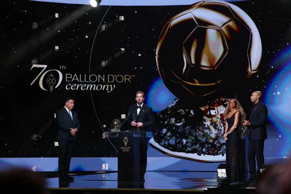 Bayern Munich's Harry Kane makes a speech after winning the men's Ballon d'Or award. Picture credit: Reuters