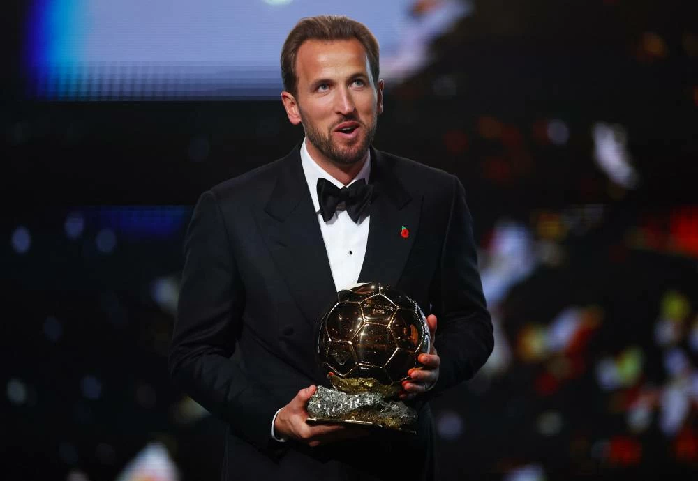 Bayern Munich's Harry Kane celebrates after winning the men's Ballon d'Or award. Picture credit: Reuters