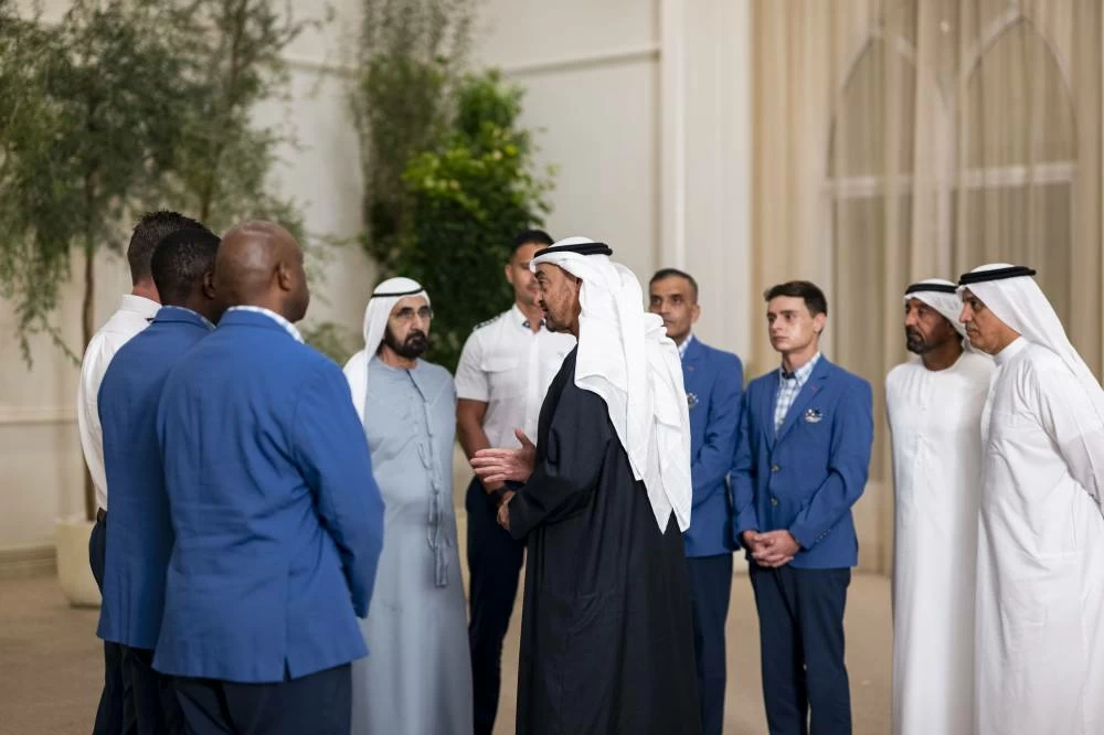 Their Highnesses met with flydubai crew members involved in the in-flight incident on 30 September. Picture credit: WAM