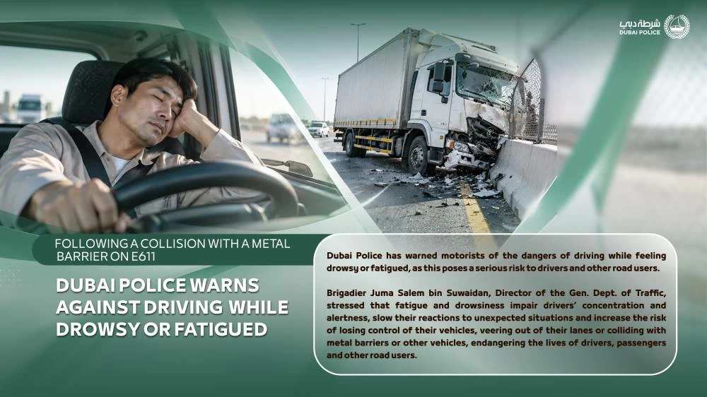 Dubai Police warn against drowsy driving after truck crashes into barrier on E611